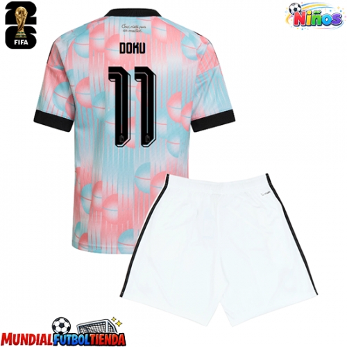 Camiseta Bélgica Jeremy Doku #11 Segunda Equipación Replica Mundial 2026 para niños mangas cortas (+ Pantalones cortos)